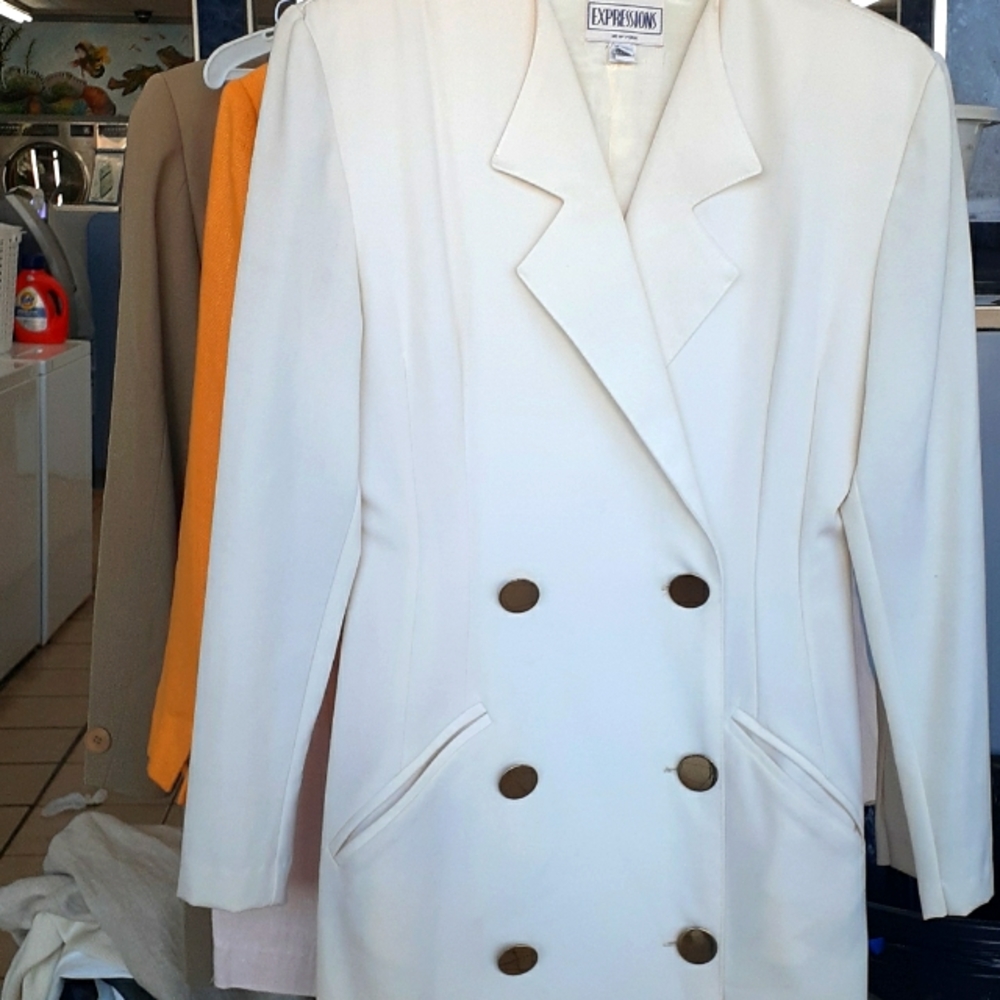 Vtg Wool Cream DB Tuxedo Jacket Military Gold Button Coat DRESS sz 12 Melania Lk